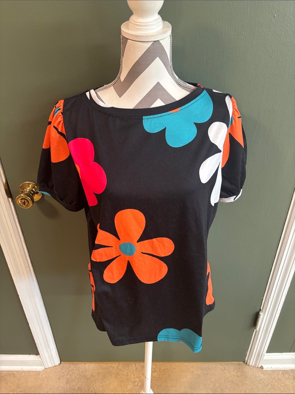 Bold Floral Black Short-Sleeve Top in Orange, Pink, Teal & White